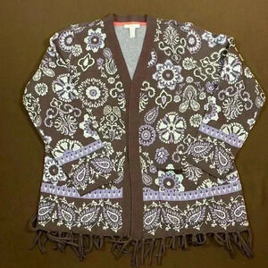 Isaac Mizrahi Live Jacquard open front cardigan with fringe and 2 pockets medium